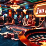 Experience the thrill at Jun 88 with vibrant gaming tables and excited players.